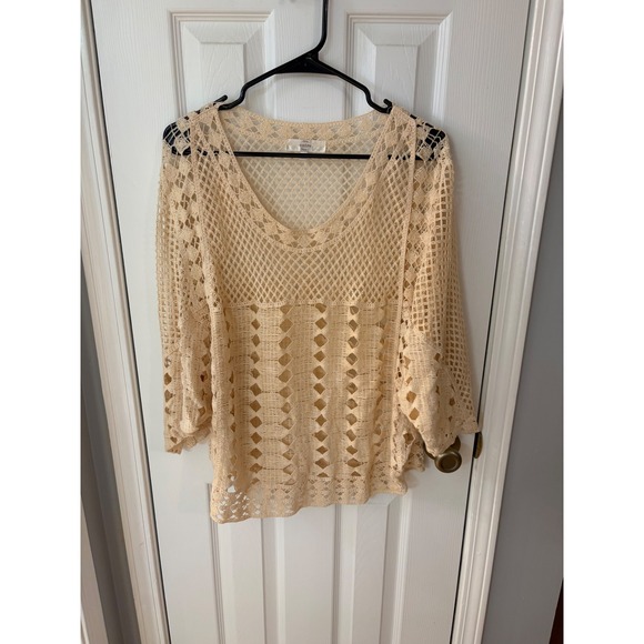 entro Tops - Entro Crochet Knit Top Womens Large Cream Boho V-Neck Mesh 3/4 Sleeve